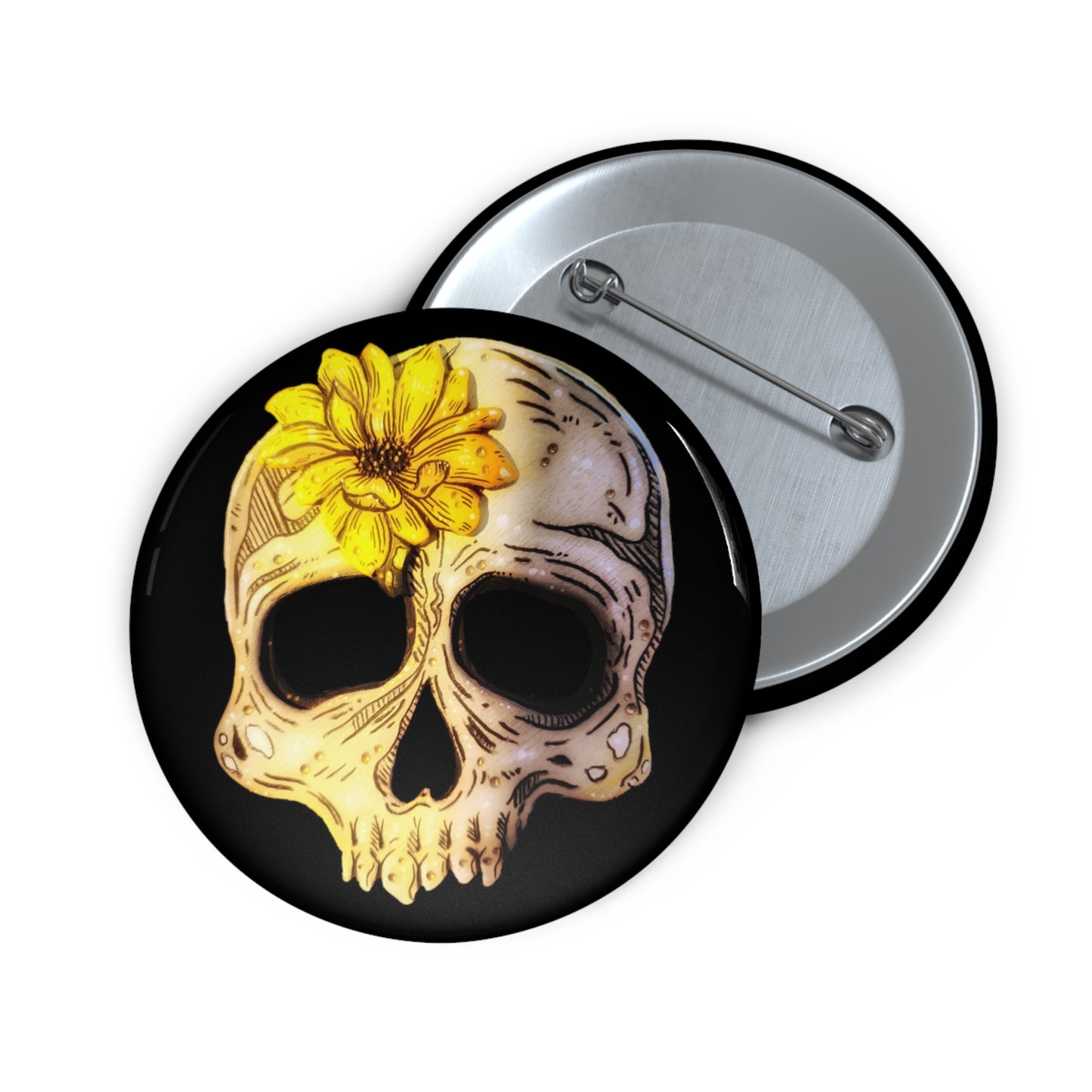 Sunflower Skull Button Pin