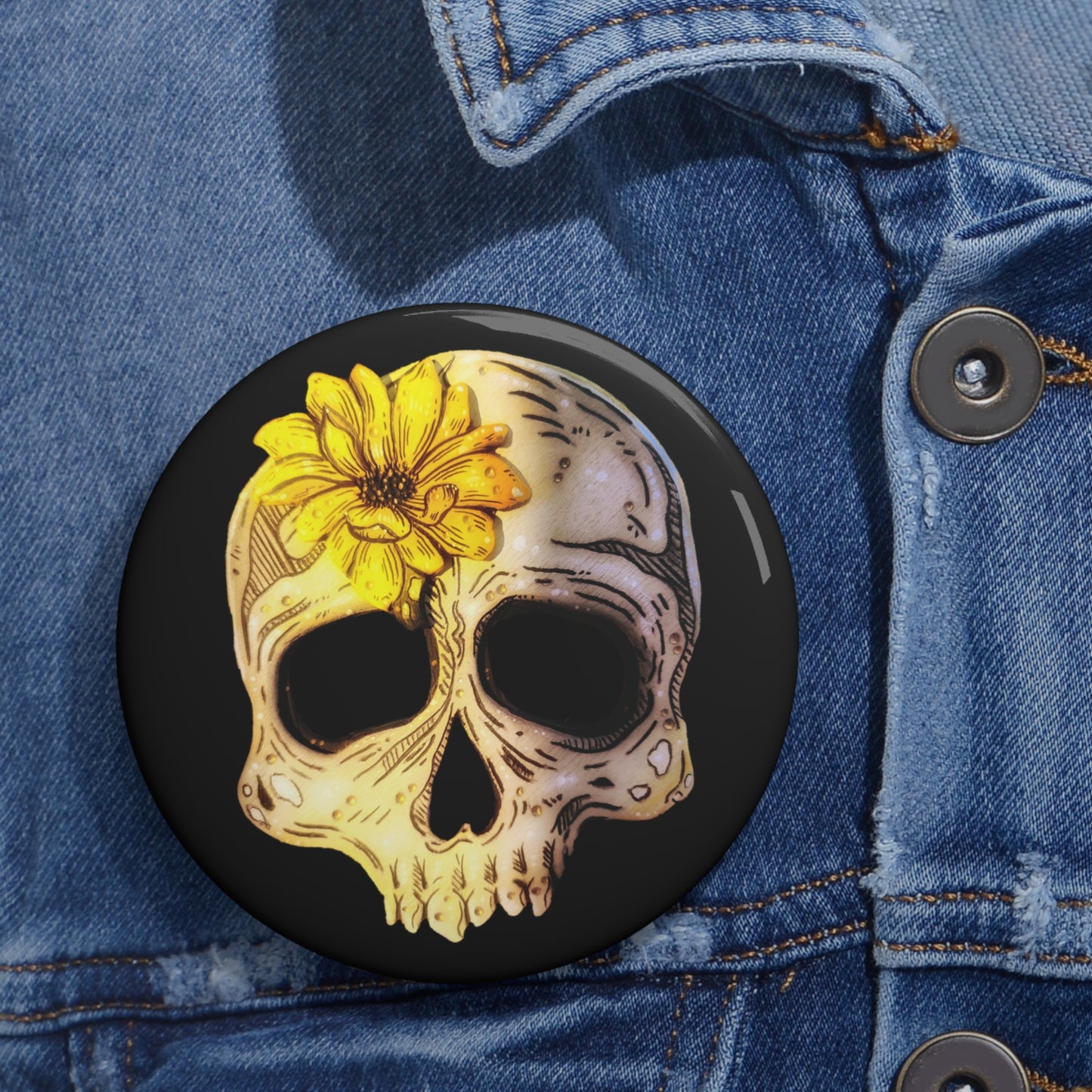 Sunflower Skull Button Pin