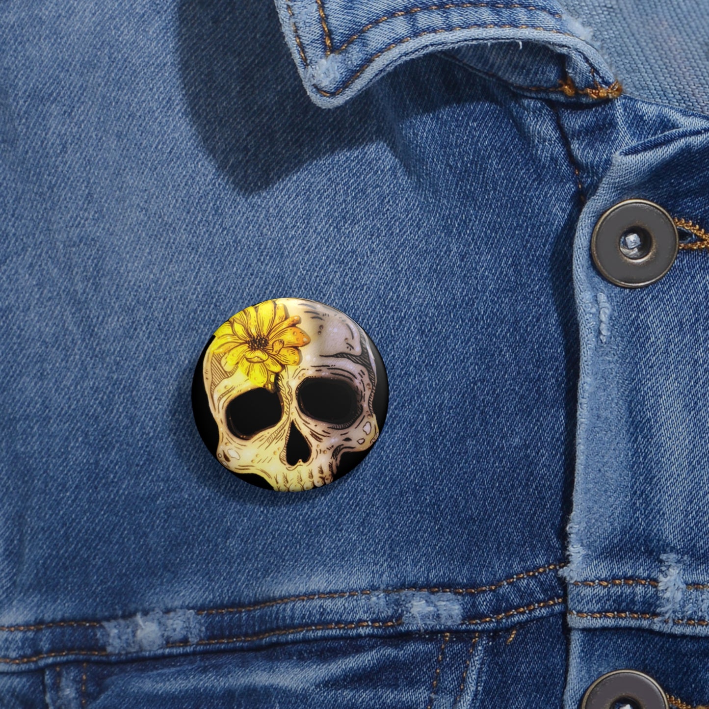 Sunflower Skull Button Pin