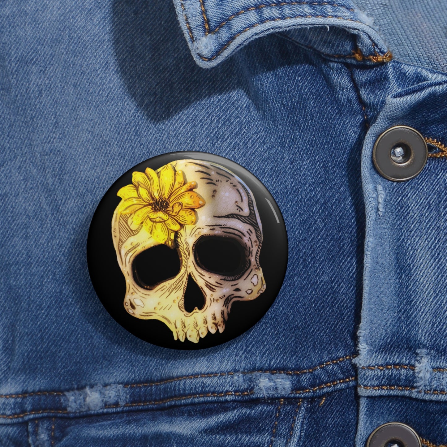 Sunflower Skull Button Pin