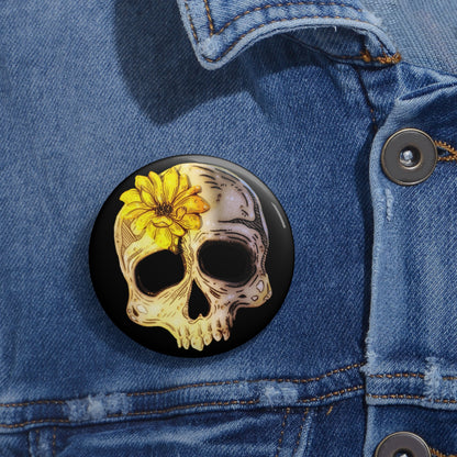 Sunflower Skull Button Pin