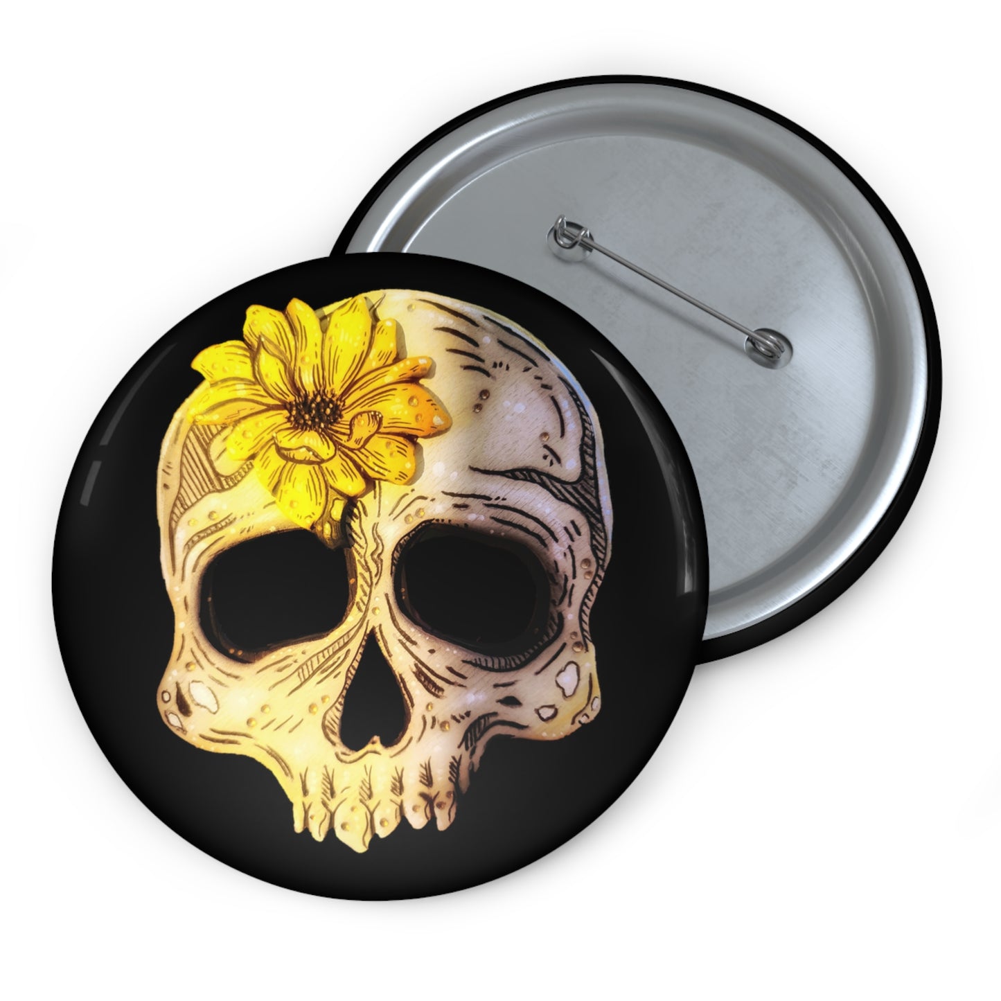 Sunflower Skull Button Pin